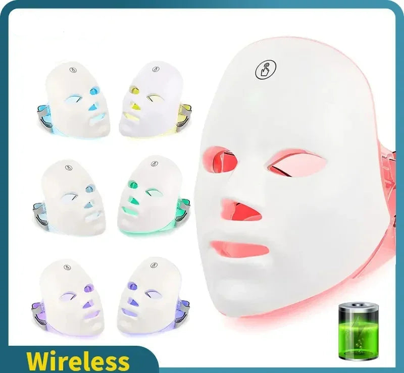 Máscara facial led sem fio, terapia de fótons de luz vermelha, anti-envelhecimento, antirrugas, remoção de acne, 7 cores, máscara facial, cuidados com a pele, dispositivo de beleza - MUNIQUE SOTTILI ACESSÓRIOS